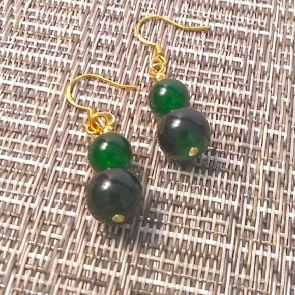 Deep Forest Green Double Bead Drop Earrings - Picture 5 of 5